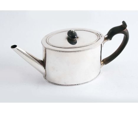 A GEORGE III OVAL TEA POT with bead borders & a straight spout, by D. Smith & R. Sharp, London 1783; 5"  (12.5 cms) high;  12
