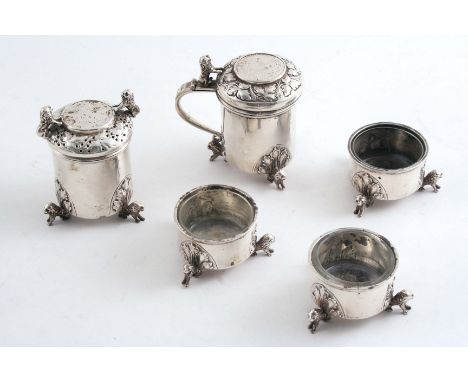 AN EARLY 20TH CENTURY NORWEGIAN FIVE-PIECE CONDIMENT SET including mustard (blue glass liner), pepper with bayonet fitting co