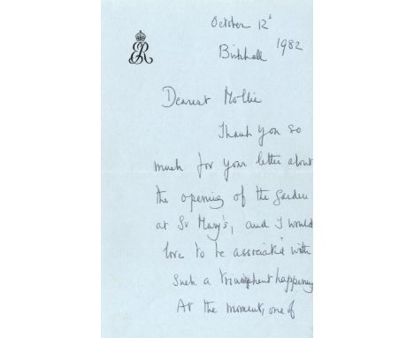 ELIZABETH THE QUEEN MOTHER: (1900-2002) Queen Consort of King George VI. A.L.S., Elizabeth R, four pages, 8vo, Birkhall, 12th