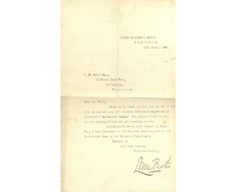 BOTHA LOUIS: (1862-1919) Prime Minister of the Union of South Africa 1910-19. T.L.S., Louis Botha, one page, folio, Pretoria,