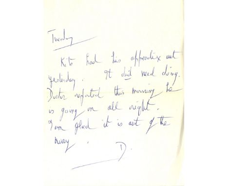DU MAURIER DAPHNE: (1907-1989) British Author. A.N.S., with her initial D, one page, 8vo, n.p., n.d. ('Tuesday', 20th June 19
