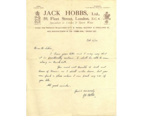 HOBBS JACK: (1882-1963) English Cricketer. A.L.S., J B Hobbs, one page, 4to, Fleet Street, London, 9th February 1932, to Mr. 