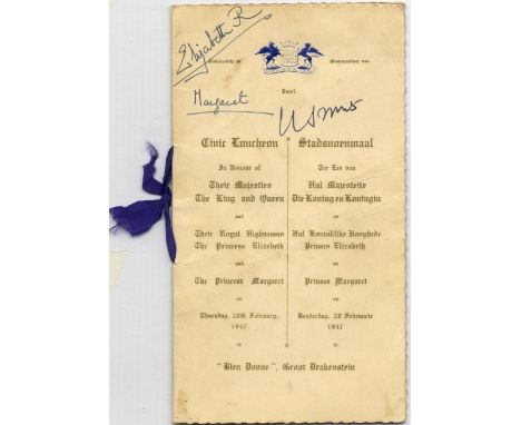 BRITISH ROYALTY: A printed 8vo menu for a Civic Luncheon in honour of King George VI, Queen Elizabeth and Princess Elizabeth 