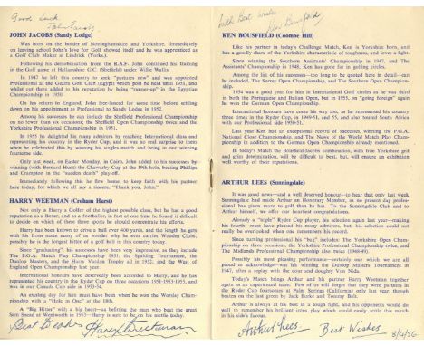 GOLF: A printed 8vo Souvenir programme for a Golf Challenge Match at the RAC Country Club, Epsom, 8th April 1956, individuall
