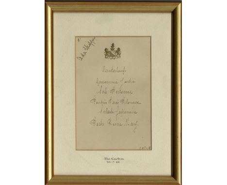 FOCH FERDINAND: (1851-1929) French Marshal of World War I. An 8vo menu card for a dinner at The Carlton Hotel, London, 20th J