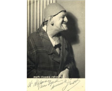 GROCK: (1880-1959) Swiss Clown. Vintage signed and inscribed postcard photograph of Grock in a half length profile pose in hi