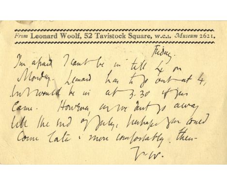 WOOLF VIRGINIA: (1882-1941) English Novelist. A.L.S., with her initials V.W., on one side of her husband's printed correspond
