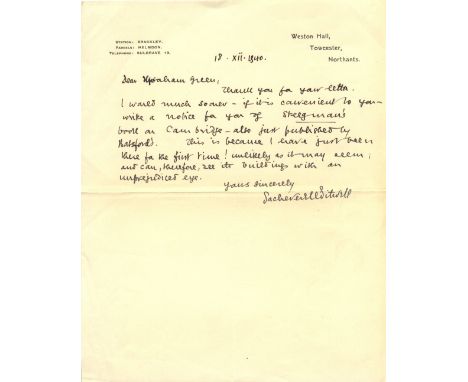 SITWELL SACHEVERELL: (1897-1988) English Writer &amp; Critic. A.L.S., Sacheverell Sitwell, one page, small 4to, Weston Hall, 