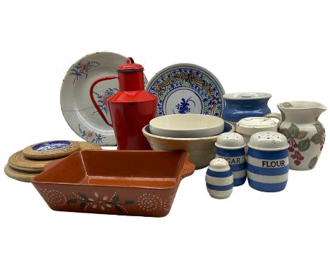 Quantity of kitchenalia to include red enamel pitcher, T.G.Green Cornishware, majolica etc. in one box