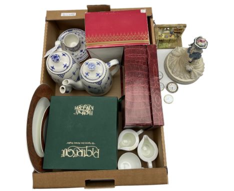 Coalport Turn of the Centruy figure, two boxed Picturesque models, Mason's Denmark part teaware, Waterford and other quartz c