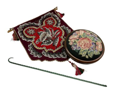 Green twisted glass walking stick, beadwork banner and a Victorian style footstool (3) 