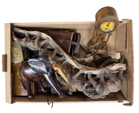 Miniature longcase clock, pair of War Office model field glasses, jewellery box, wooden bridge of elephants etc