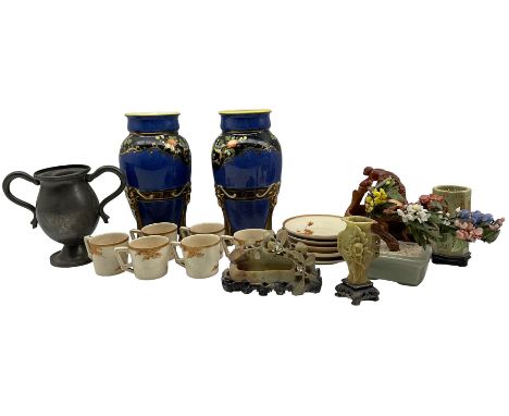 Pair of Noritake oviform vases decorated with flowers and birds on a blue ground H24cm, six Japanese coffee cans and five sau