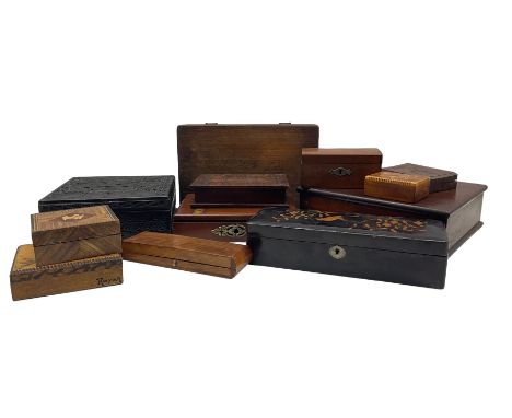 Victorian and later boxes to include a carved and stained square box dated 1893, lacquer glove box, mahogany box, playing car