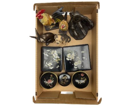 Early 20th century and later lacquered boxes &amp; bowls, Heredities bronzed hunting group, pair of graduated carved and pain