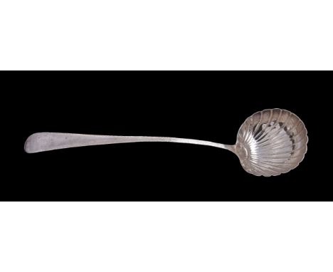 A George III silver old English bright-cut soup ladle by George Smith III, London date letter illegible, with a shell bowl an