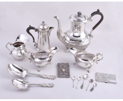 A collection of small silver and silver coloured items, comprising: a Portuguese silver filigree shaped rectangular card case