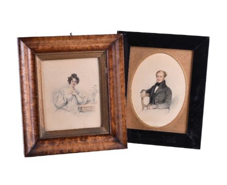 English School (circa 1840)   Portrait of a lady seated at a table, half length   Portrait of a gentleman seated, half length