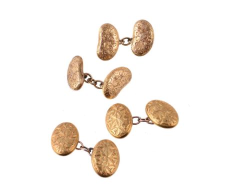 A pair of Victorian gold double sided cufflinks, the engraved kidney shaped panels with belcher link connectors, 1.7cm long; 
