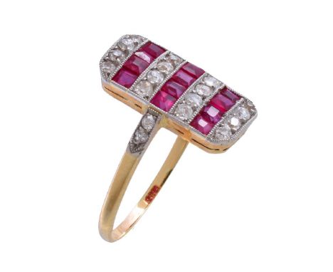 An early 20th century ruby and diamond panel ring, the rectangular panel set with alternating old cut diamonds and square cut
