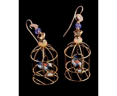 A pair of enamel and gem set birdcage earrings, the openwork birdcage enclosing an enamelled bird on a swinging perch, with a