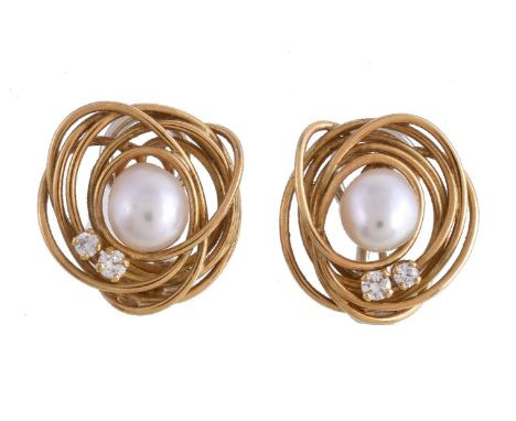 A pair of 18 carat gold cultured pearl and diamond earrings, of nest design, each centred with a cultured pearl with two bril