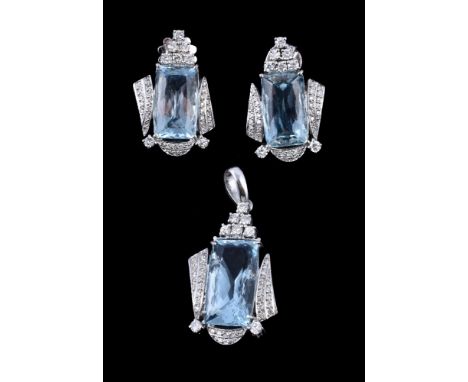A pair of aquamarine and diamond ear pendants, the rectangular fancy aquamarines in a four claw setting, between brilliant cu