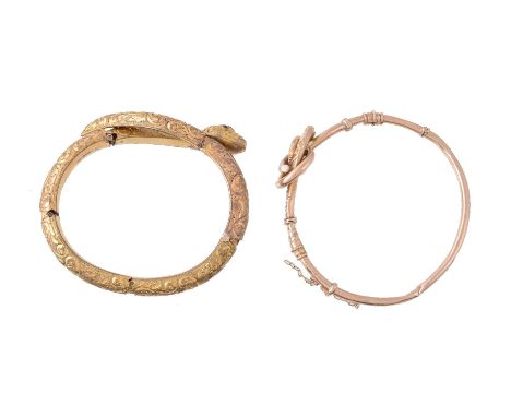 A Victorian 9 carat gold lover's knot bangle, with chased foliate detail, stamped 9ct, 6cm inner width, 7.3g; and a gilt meta