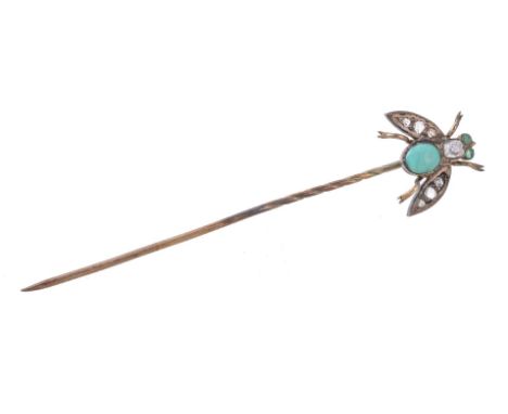 A late Victorian turquoise, diamond and emerald bug stick pin, circa 1890, set with an oval cabochon turquoise below an old c