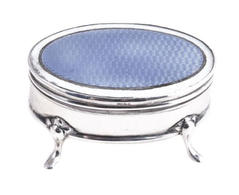 A silver and guilloche enamel oval dressing table trinket box, Birmingham 1912, the cover with purple enamel within a white b