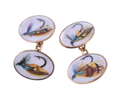 A pair of gold coloured salmon fly enamel double sided cufflinks, the oval panels each with an enamel salmon fly on a white g
