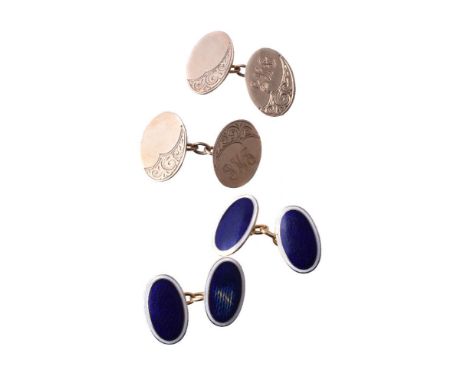 A pair of mid 20th century enamel cufflinks, the oval blue enamel panels with a white enamel border, with belcher link connec