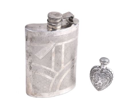 A silver coloured curved rectangular spirit flask, stamped St Silver only, late 20th century, with a captive screw cover, eng