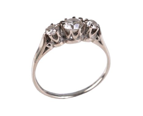 A diamond three stone ring, set with three brilliant cut diamonds, approximately 0.45 carats total, finger size K