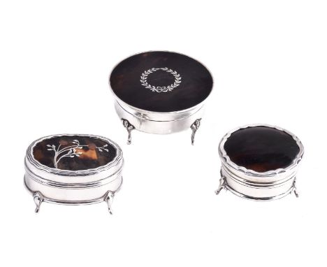 ϒ Three silver and tortoiseshell dressing table trinket boxes, two with piqué decoration to the covers, each velvet lined, ea