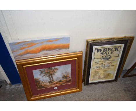Mixed Lot: Canvas print, seascape, framed rural scene, reproduction Auction poster and a mirror (4)