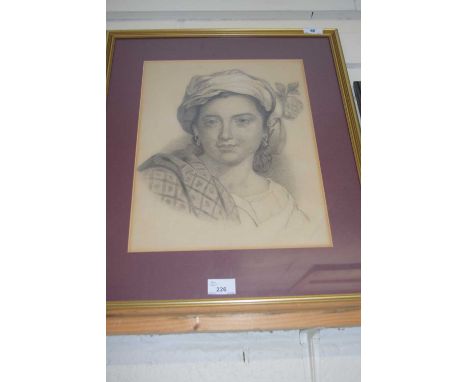 Continental School (contemporary), portrait of a lady wearing a shawl and turban adorned with a flower, graphite on paper, fr