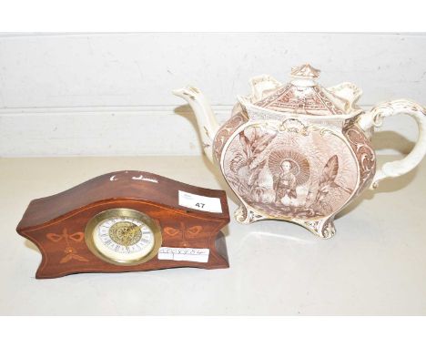 Small mantel clock in inlaid case together with a Victorian teapot (2)