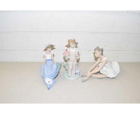 Lladro model of a girl with flowers and a bird together with a Nao model of a ballerina and a further Nao model (3)