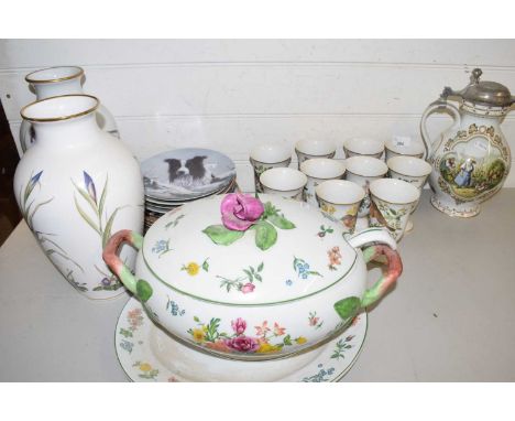 Mixed Lot: Franklin Mint and other modern porcelain wares comprising a decanter and goblets, a pair of meadowland bird vases,