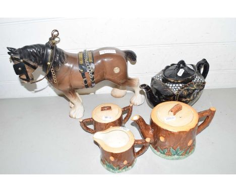 Mixed Lot: A Keele treetrunk formed tea set, a black glazed Victorian teapot and a large ceramic shire horse