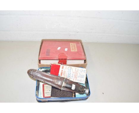 Mixed Lot: Personal affairs notebook together with various ephemera, vintage hand warmer, and a small knife in leather sheath