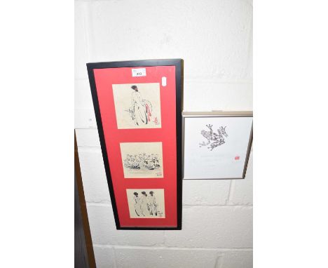 Asian tryptic of figures, framed and glazed together with 'Dalmation Original Maybe-Prints' monogrammed AO, framed and glazed