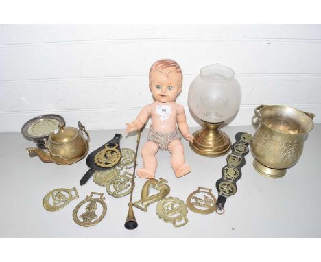 Mixed Lot: Vintage doll together with a range of assorted horse brasses and other mixed items