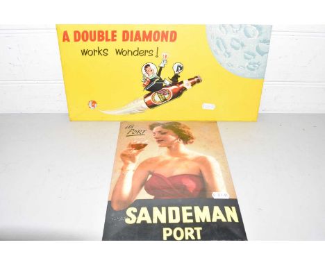 Two vintage small countertop advertising signs marked 'Double Diamond' and 'Sandeman Port'