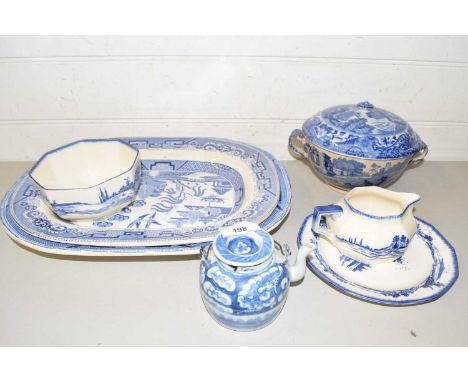 Quantity of various blue and white china wares to include willow pattern plates, Royal Doulton Norfolk pattern jug, sugar bas