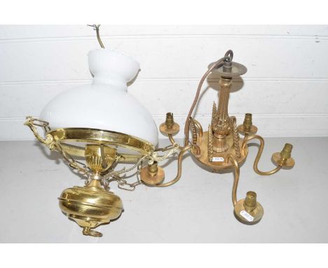 Hanging brass oil lamp style light fitting together with a brass five branch light fitting