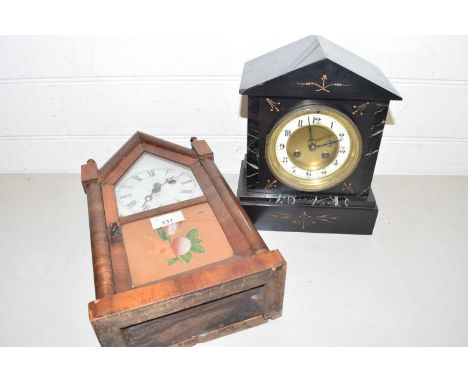 Late 19th Century black slate and marble mounted mantel clock together with a further Ansonia mantel clock in gothic formed c