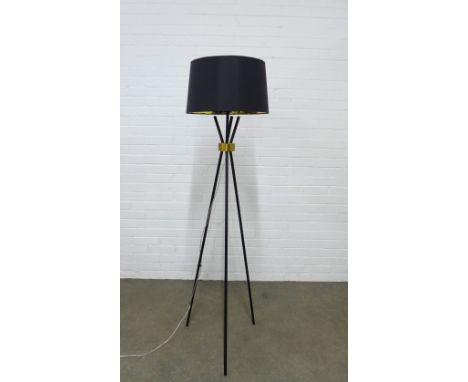 Contemporary floor standing lamp with black shade and tripod legs, 160cm high.