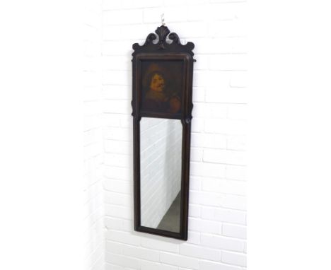 Decorative wall mirror with carved cresting and faux painted portrait panel,  32 x 110cm.